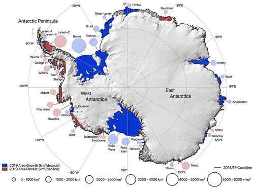 Antarctic map of ice shelf area change from 2009 to 2019