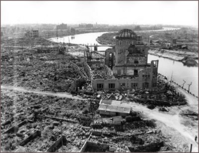 Heavily damaged Hiroshima Prefectural Commercial Exhibition Hall in Nov. 1945